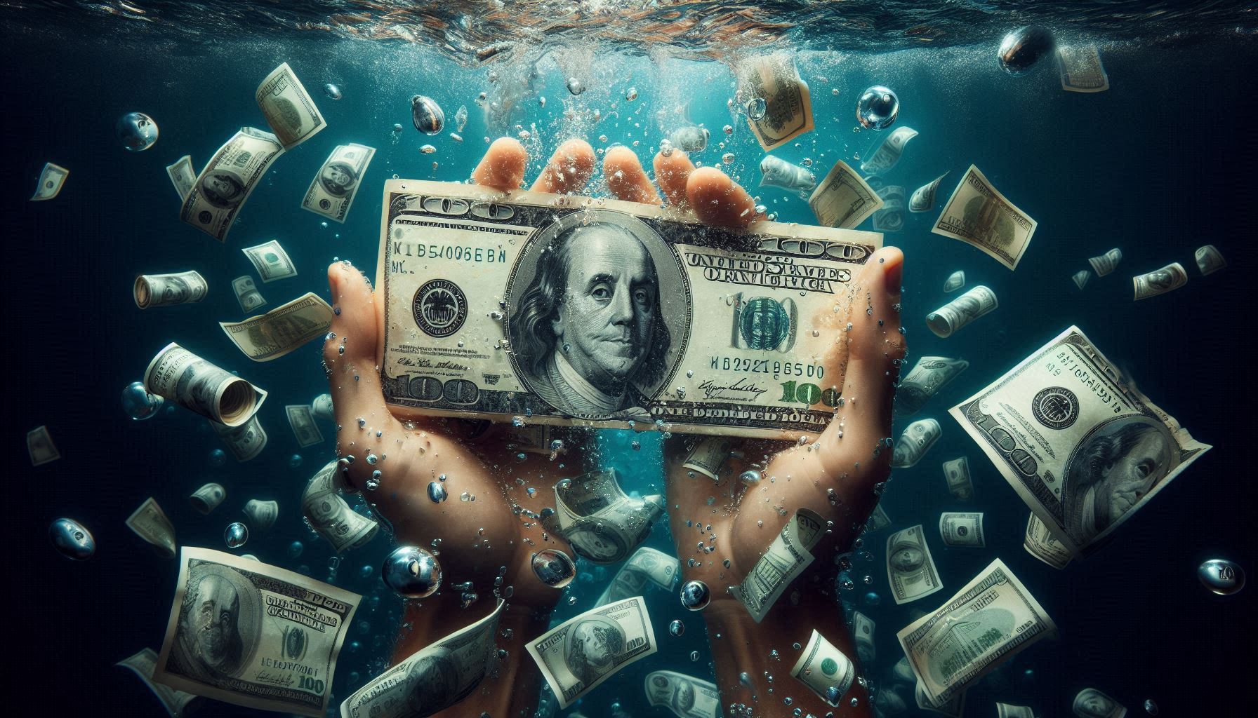 A person holding a 100-dollar bill underwater